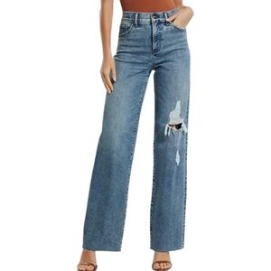 EXPRESS medium wash distressed raw hem high rise wide leg jeans 8